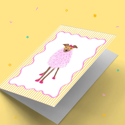 Card with a llama wearing a pink boa and sunglasses on a yellow background