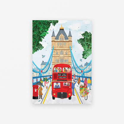 Illustration of a red bus and Tower Bridge with people on a white background - London Tower Bridge Art Print