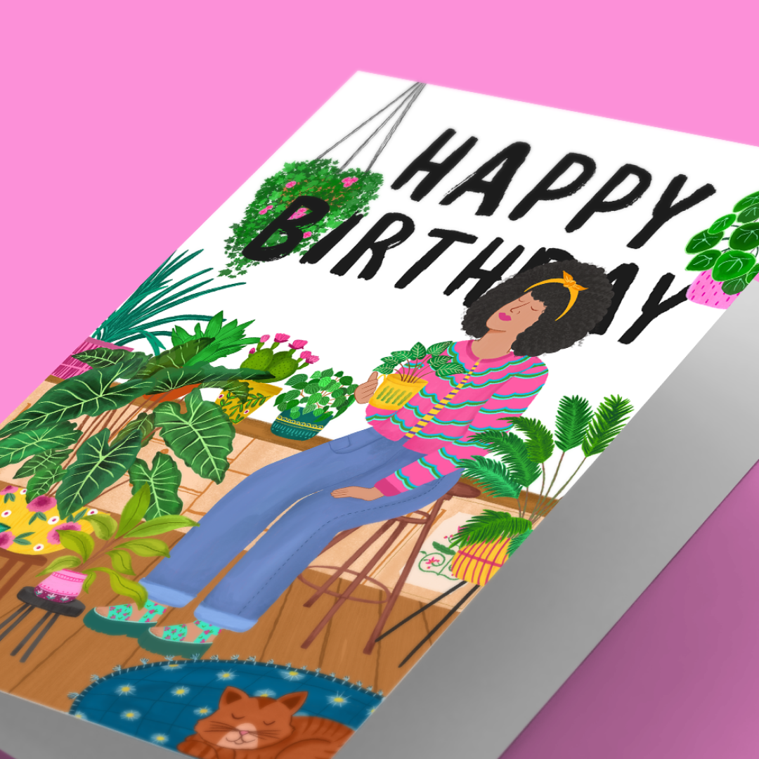 Cozy Living Room with Plants Birthday Card