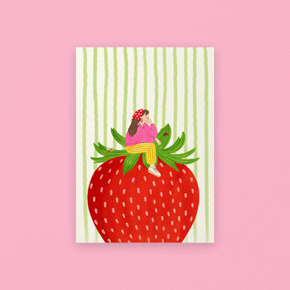 Illustration of a person sitting on a strawberry with a striped background