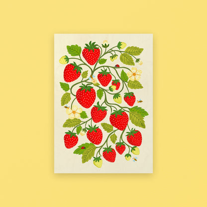 Poster with red strawberry design on a yellow background