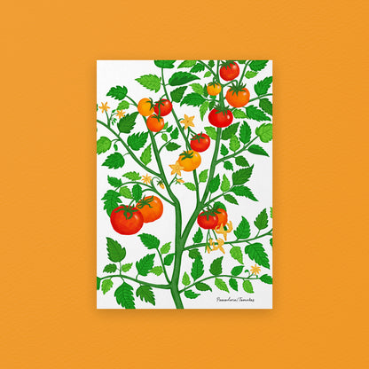 Illustration of a tomato plant with red and yellow tomatoes on an orange background