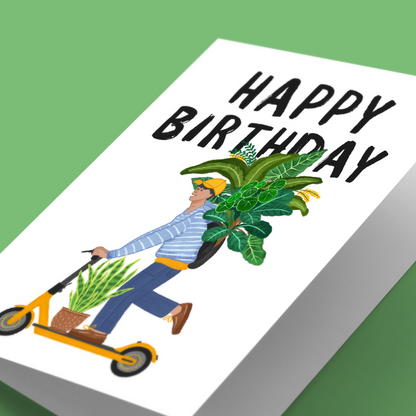 Balancing Too Many Plants on a Scooter Birthday Greeting Card
