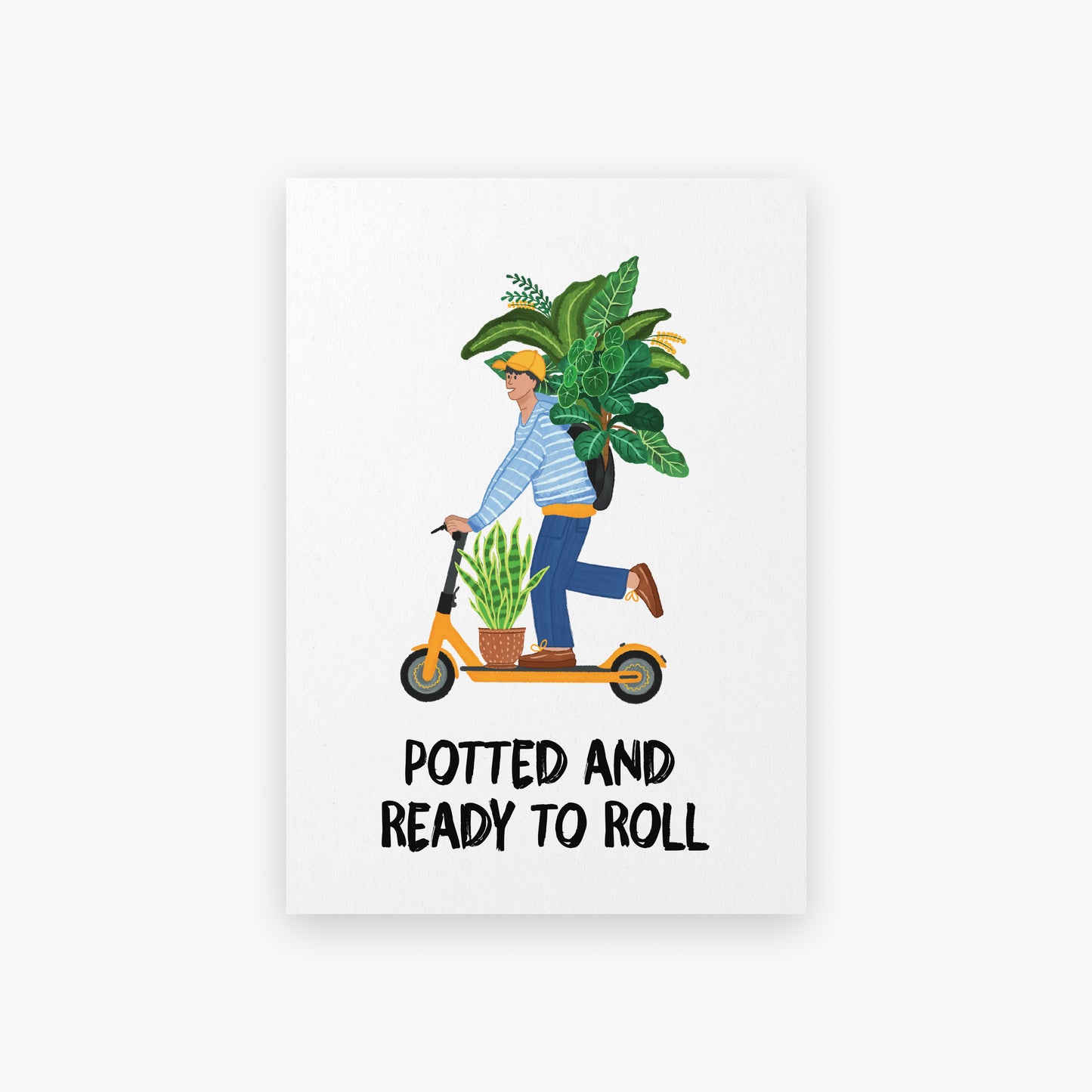 Potted and Ready to Roll, scooter Guy Carrying Plants Art Print