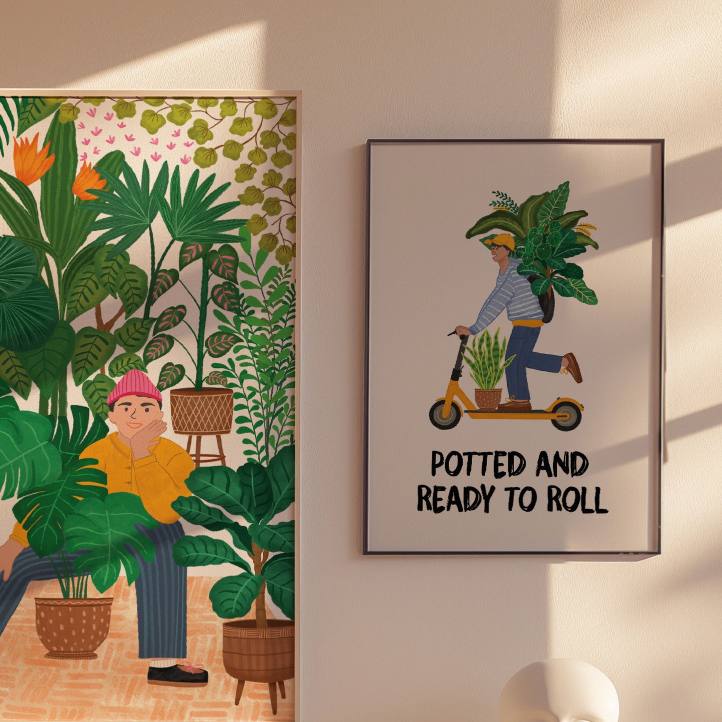 Potted and Ready to Roll, scooter Guy Carrying Plants Art Print
