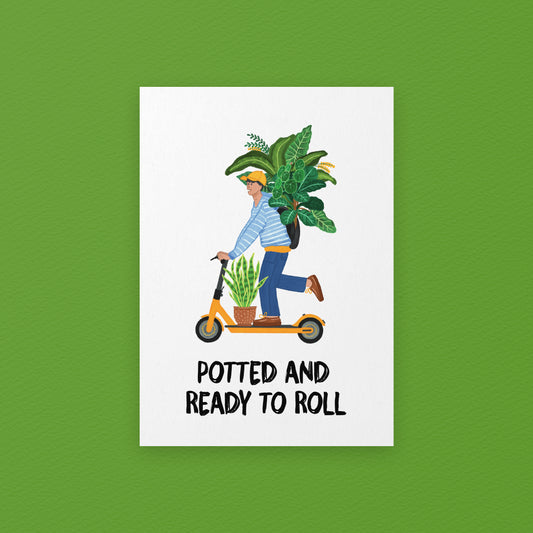 Potted and Ready to Roll, scooter Guy Carrying Plants Art Print