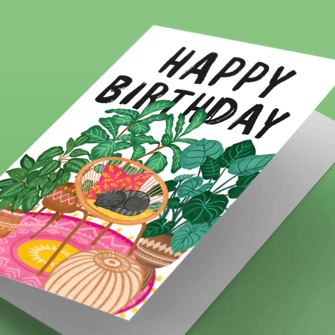 Cozy Cat & Houseplants Birthday Card