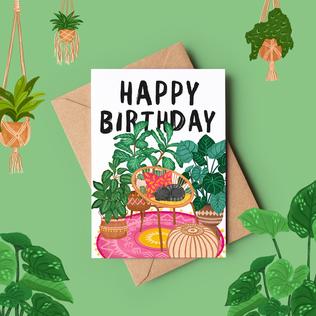 Cozy Cat & Houseplants Birthday Card