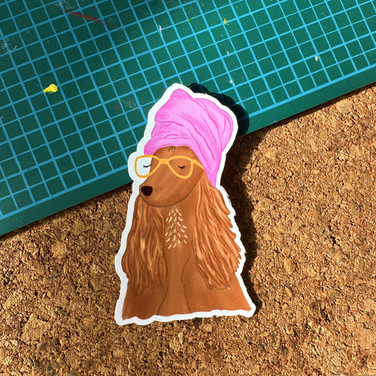The Mundane Brighton Gift shop -Dog with a bath towel head wrap sticker - Gifts for Dog lovers