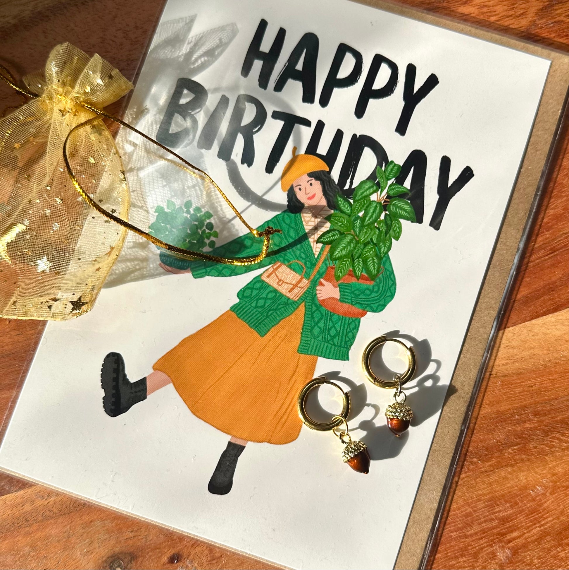 The Mundane Brighton Gift shop - Acorn earrings & Happy birthday greeting card - Gifts for her