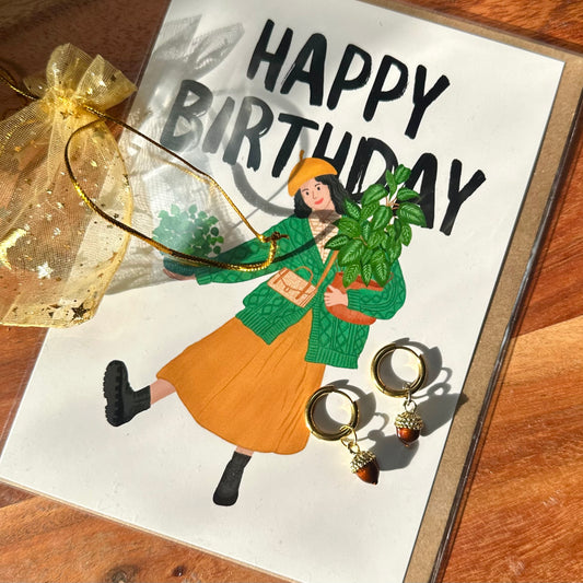 The Mundane Brighton Gift shop - Acorn earrings & Happy birthday greeting card - Gifts for her