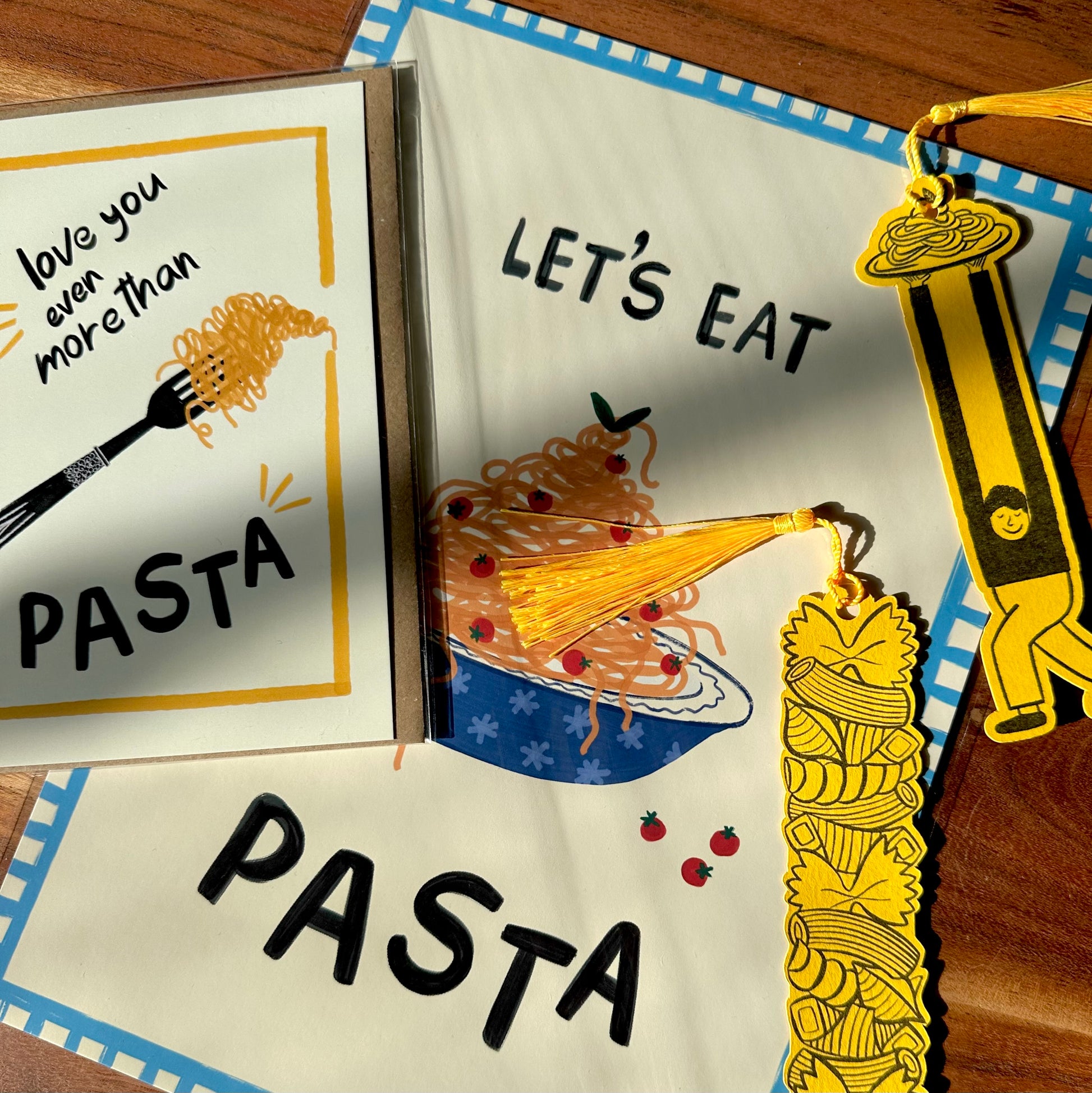 The Mundane Brighton Gift shop - Let's eat Pasta Greeting card + Pasta bookmark + Art Print - Gifts for Foodies