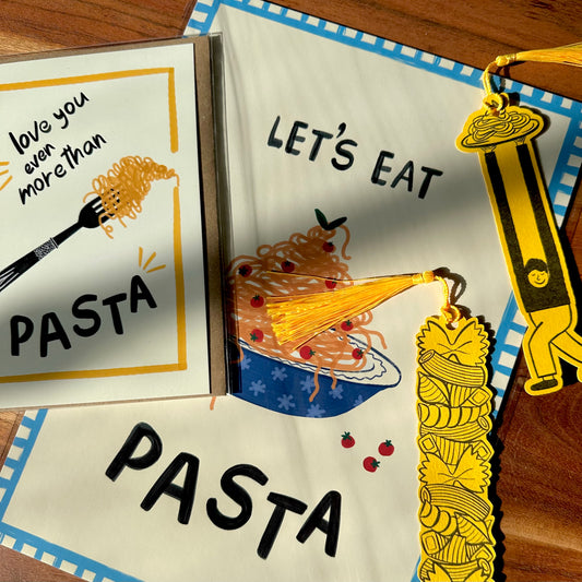 The Mundane Brighton Gift shop - Let's eat Pasta Greeting card + Pasta bookmark + Art Print - Gifts for Foodies