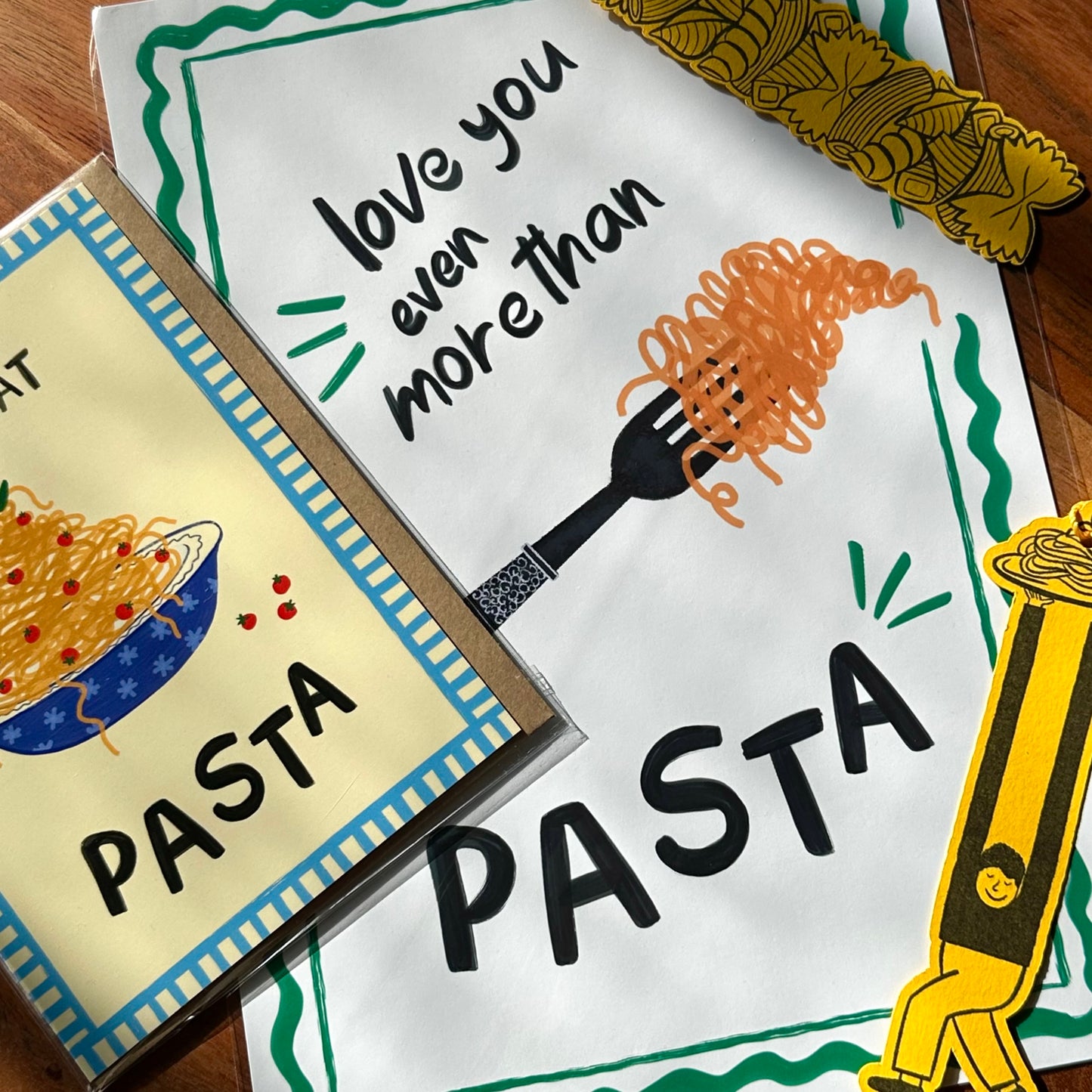 The Mundane Brighton Gift shop - Let's eat Pasta Greeting card + Pasta bookmark + Love you more than pasta Art Print - Gifts for Foodies