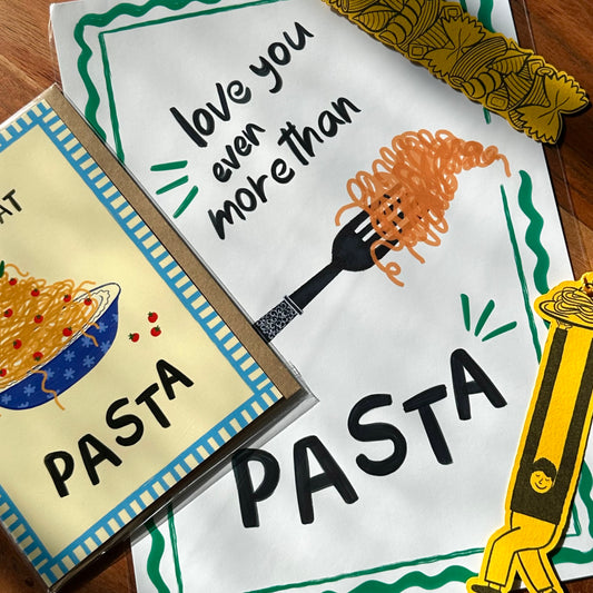 The Mundane Brighton Gift shop - Let's eat Pasta Greeting card + Pasta bookmark + Love you more than pasta Art Print - Gifts for Foodies