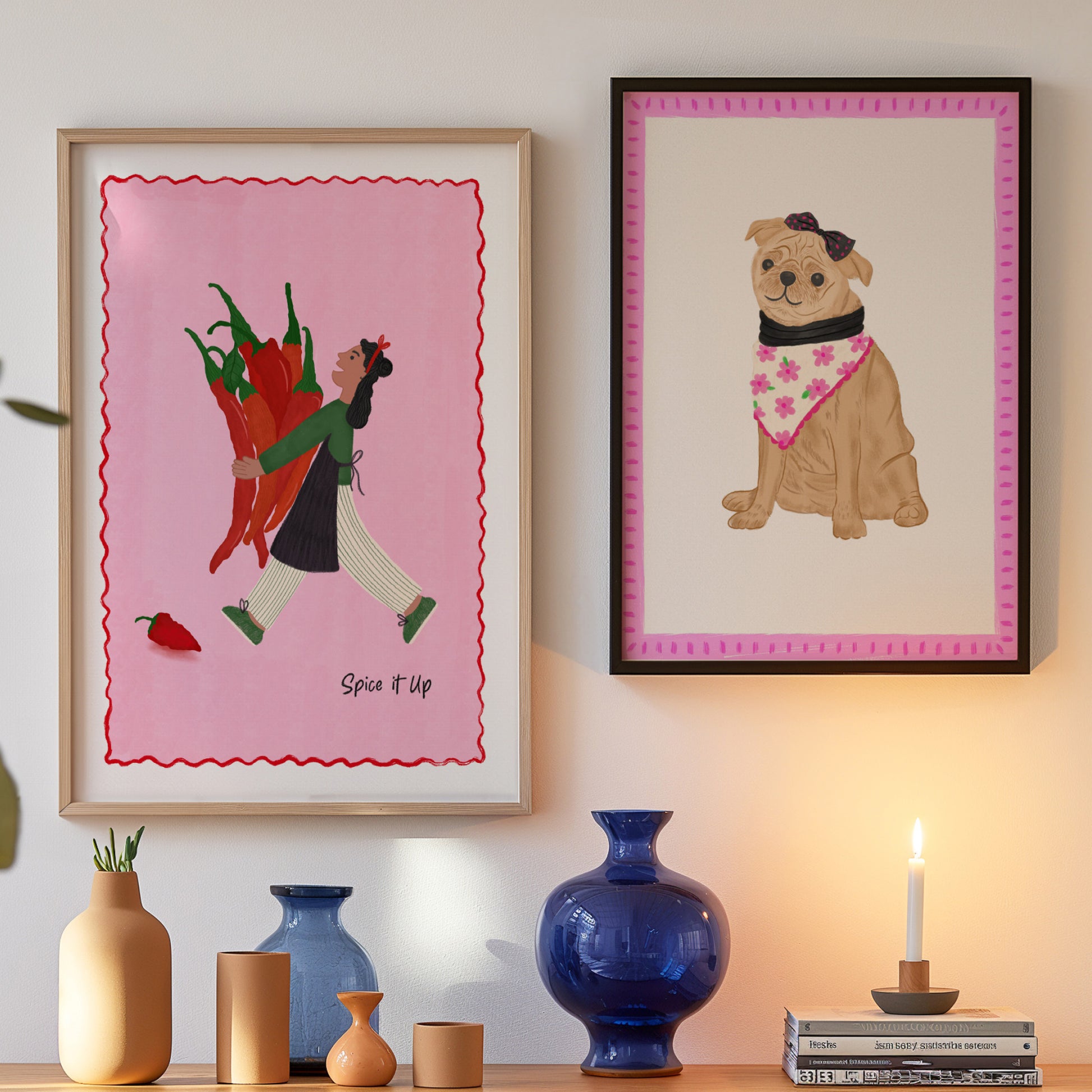 The Mundane Brighton Gift shop - framed Pug Dog Art Print & chilli girl art print - gift for dog lovers - gift for her - gift for him - gift for birthday - Gift for foodies