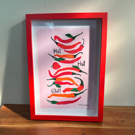 The Mundane Gift shop - Hot hot stuff chilli art print of hot hot chilli collection framed in red frame - Gift For her