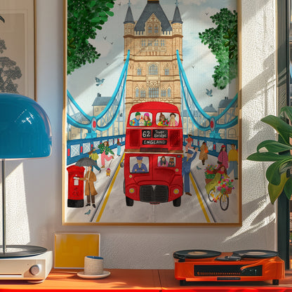 A framed colorful art print depicting a London scene with Tower Bridge, a red double-decker bus, and pedestrians, displayed on a wall above a desk in a styled interior.