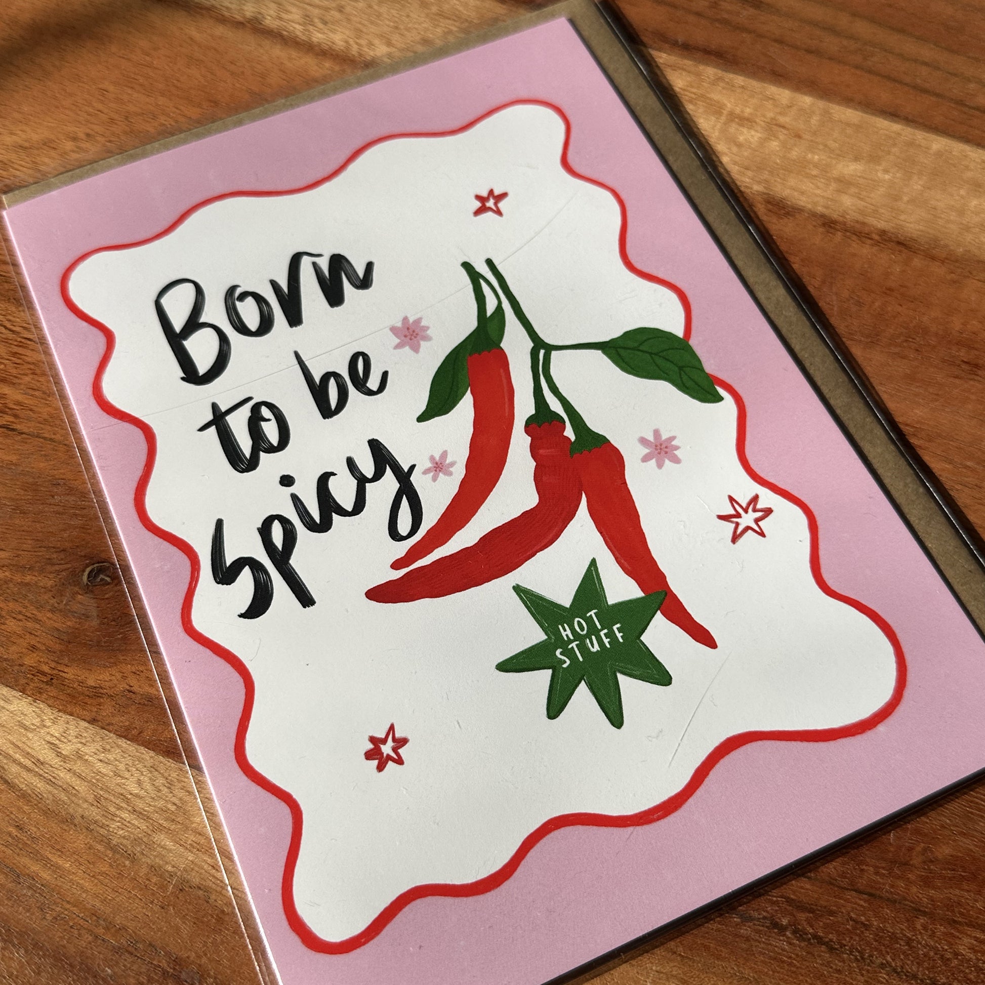 The Mundane gift shop - Born to be spicy with chillies illustration greeting card - HOT HOT Chilli collection - Gift for her 