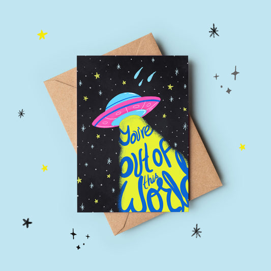 The Mundane gift shop - UFO space illustration greeting card - Gift for her - gift for space enthusiast
