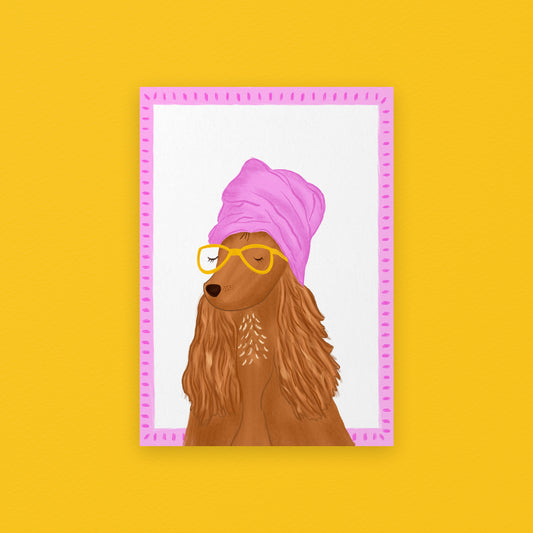 The mundane Brighton gift shop - Dog Wearing Bath Hat Art Print  & greeting card -  dog collection - Gift for dog lovers  - gift for him - gift for her 