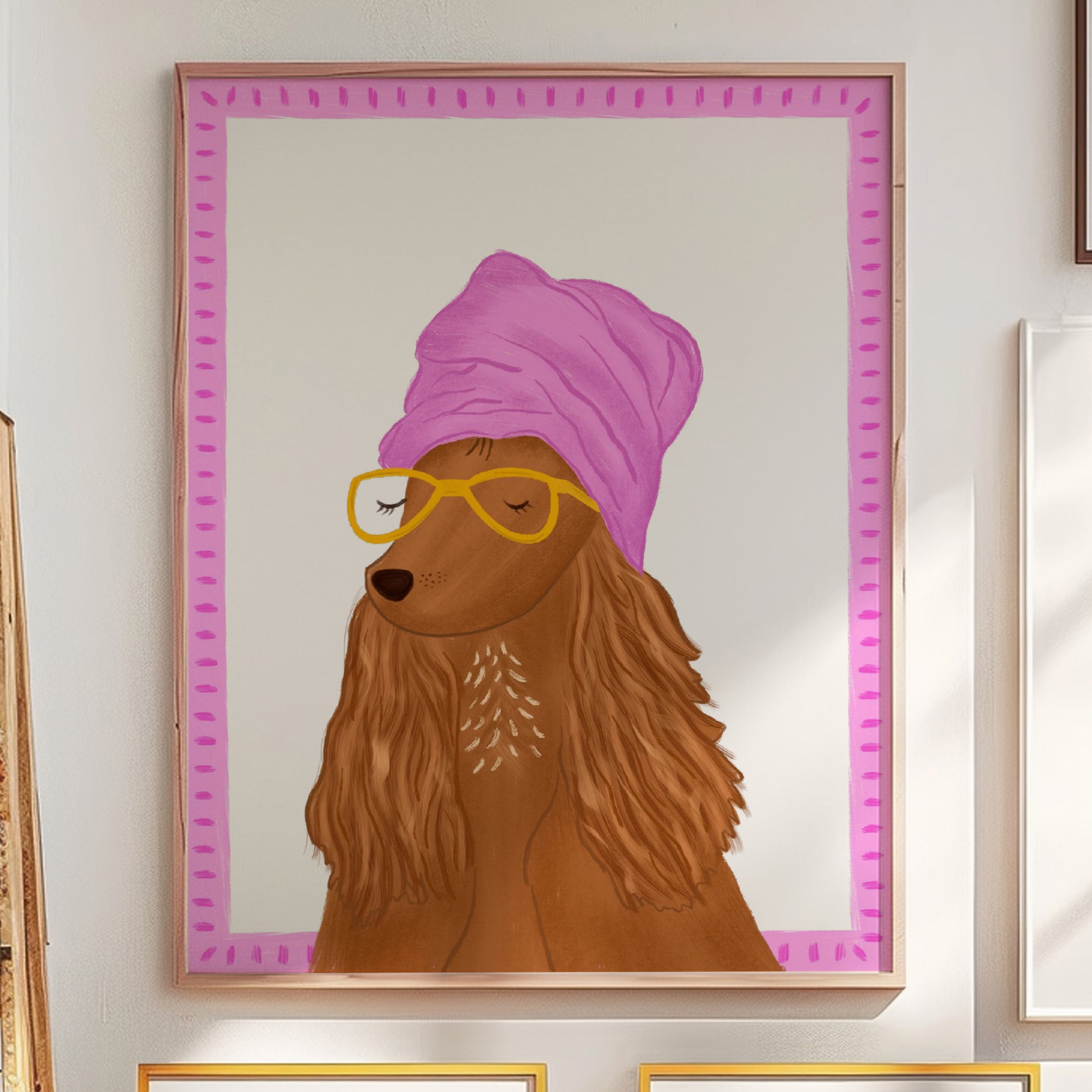 The mundane Brighton gift shop - Framed Dog Wearing Bath Hat Art Print  & greeting card -  dog collection - Gift for dog lovers  - gift for him - gift for her 