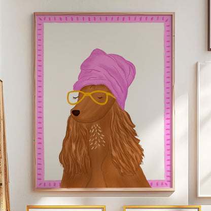 The mundane Brighton gift shop - Framed Dog Wearing Bath Hat Art Print  & greeting card -  dog collection - Gift for dog lovers  - gift for him - gift for her 