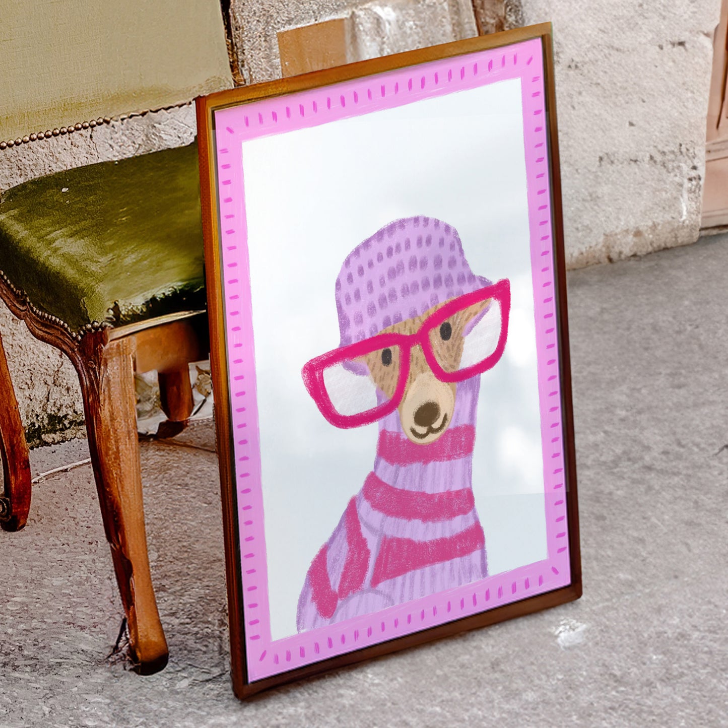 The mundane Brighton gift shop - Framed Pink Oversized glasses  Dog Art Print  & greeting card - Dog collection - Gift for dog lovers  - gift for him - gift for her 
