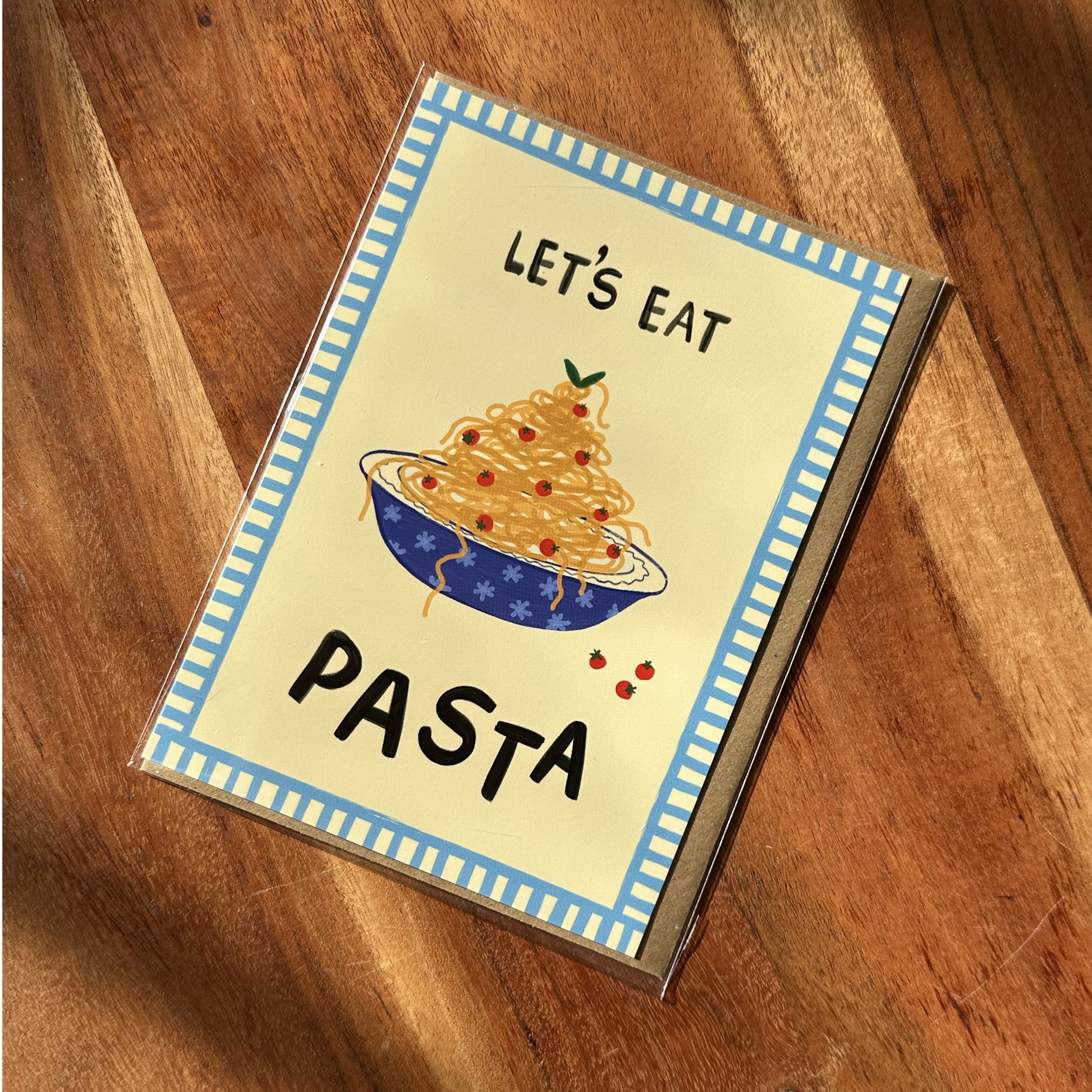 The mundane Brighton gift shop - Let's eat pasta, Tomato spaghetti illustration Greeting card  -  Gift for pasta lover