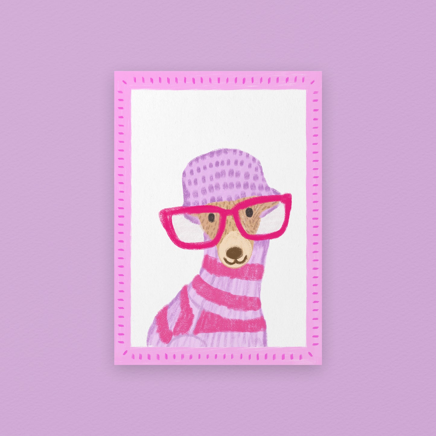 The mundane Brighton gift shop - Pink Oversized glasses  Dog Art Print  & greeting card - Dog collection - Gift for dog lovers  - gift for him - gift for her 

