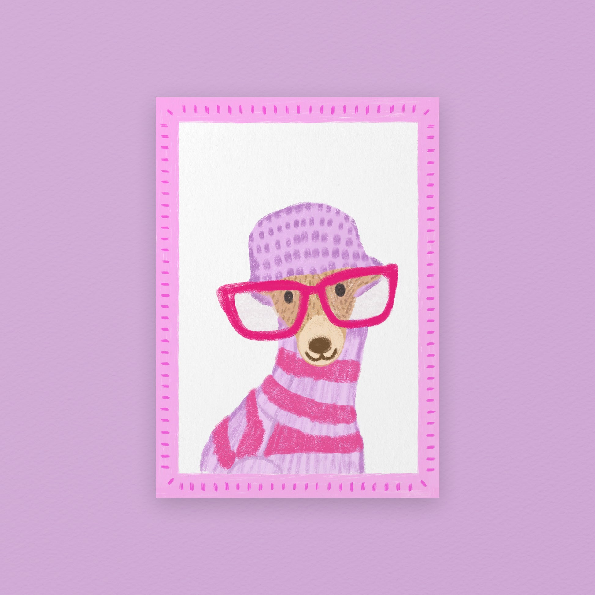 The mundane Brighton gift shop - Pink Oversized glasses  Dog Art Print  & greeting card - Dog collection - Gift for dog lovers  - gift for him - gift for her 
