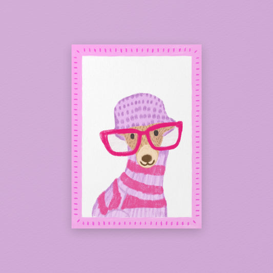 The mundane Brighton gift shop - Pink Oversized glasses  Dog Art Print  & greeting card - Dog collection - Gift for dog lovers  - gift for him - gift for her 
