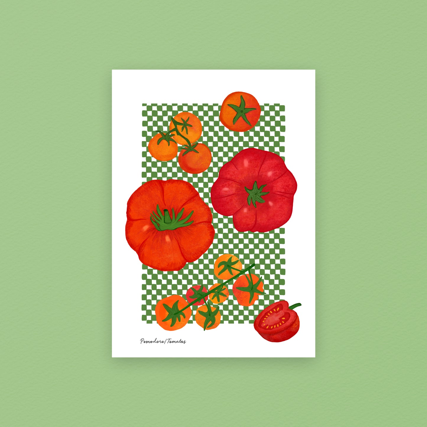 Tomato art print featuring hand-drawn summer tomatoes on a green checked background, A4 giclée print for kitchen wall art