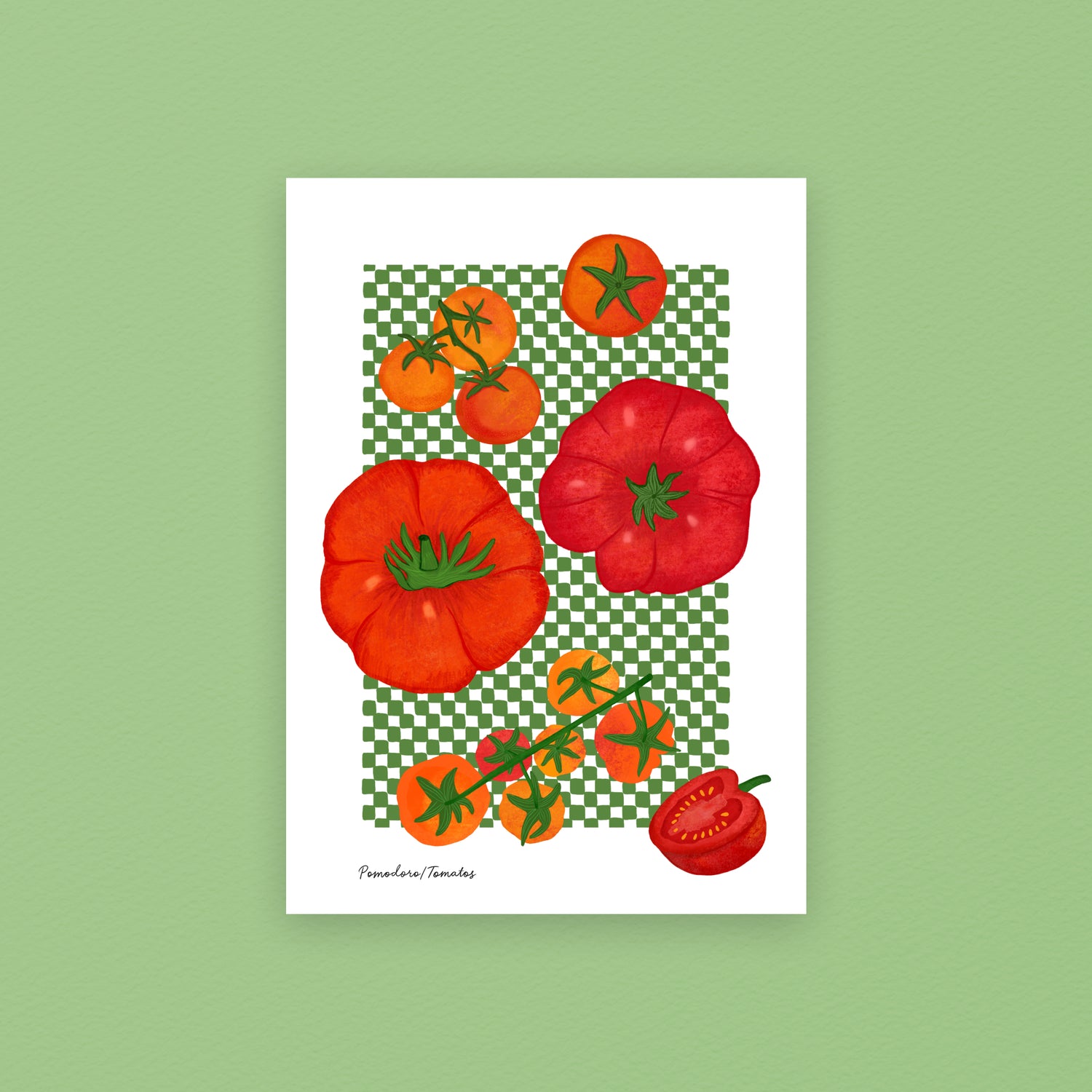 Tomato art print featuring hand-drawn summer tomatoes on a green checked background, A4 giclée print for kitchen wall art
