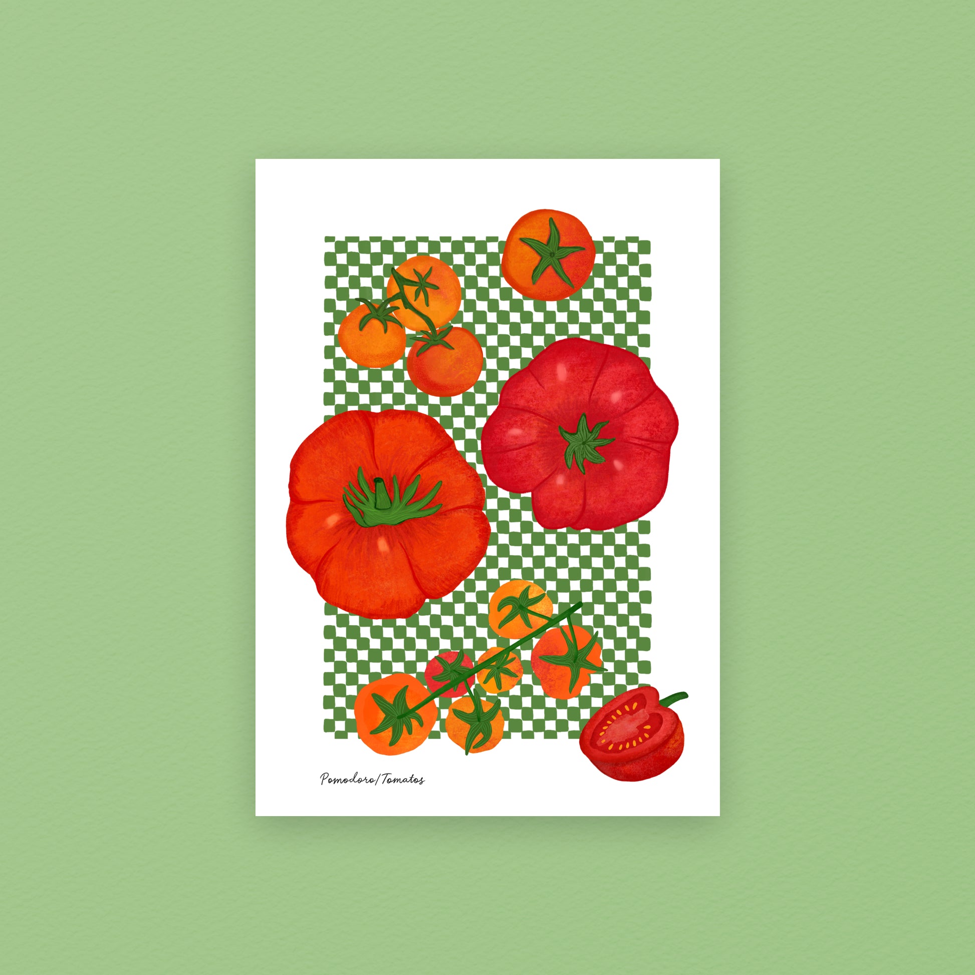 Tomato art print featuring hand-drawn summer tomatoes on a green checked background, A4 giclée print for kitchen wall art