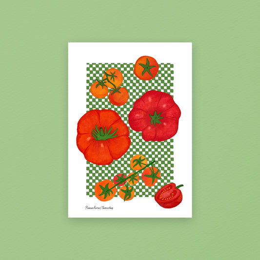 Tomato art print featuring hand-drawn summer tomatoes on a green checked background, A4 giclée print for kitchen wall art