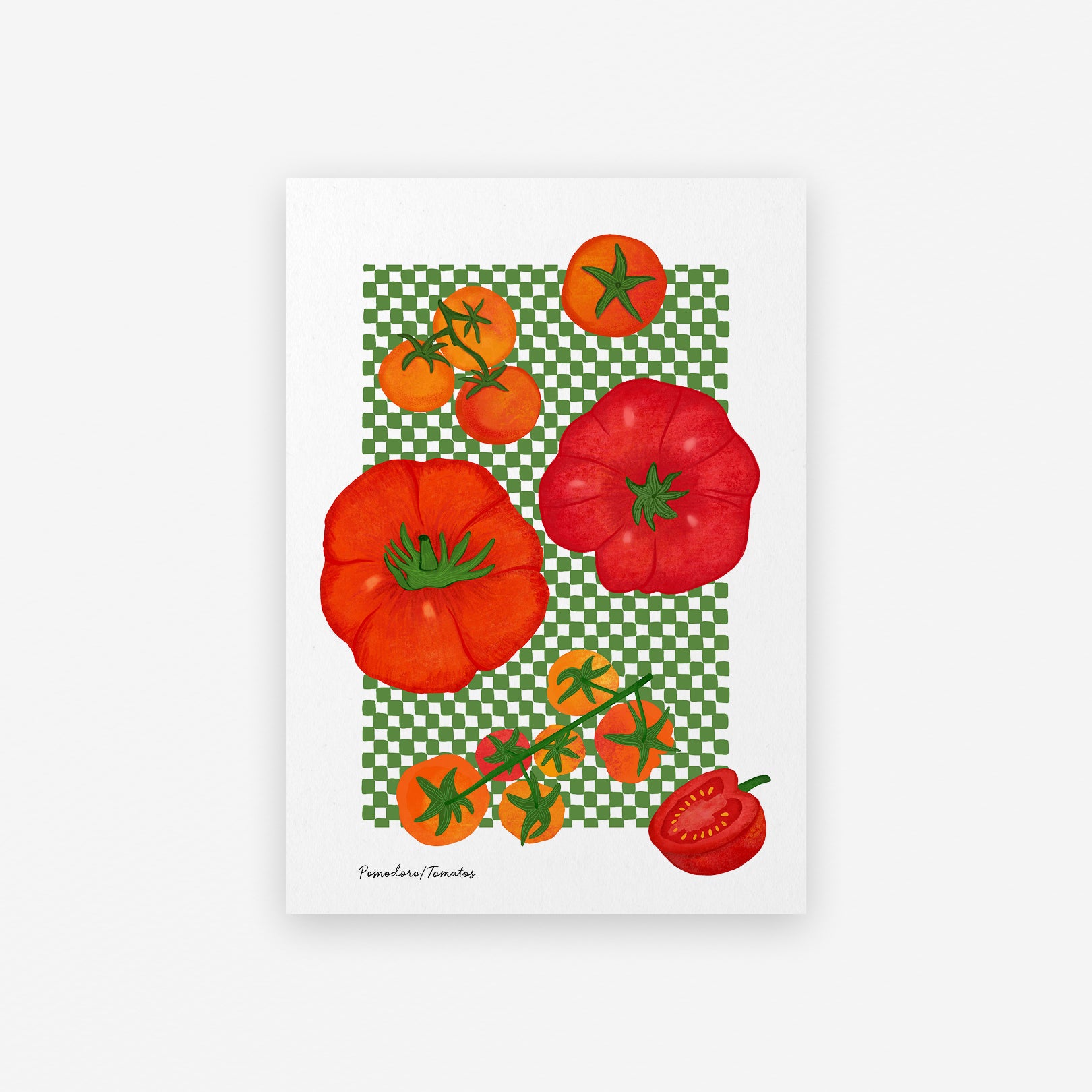 Tomato art print featuring hand-drawn summer tomatoes on a green checked background, A4 giclée print for kitchen wall art
