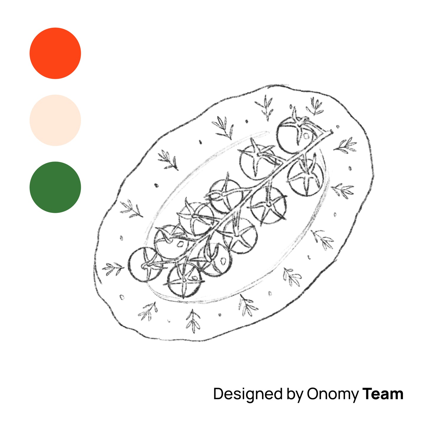 A black line drawing of an oval decorative plate or tray with botanical and geometric motifs, shown on a white background with three colored circles on the left and text reading 'Designed by Onomy Team' at the bottom.