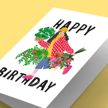 Plant Lady in Pink jacket Birthday Card