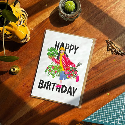 Plant Lady in Pink jacket Birthday Card