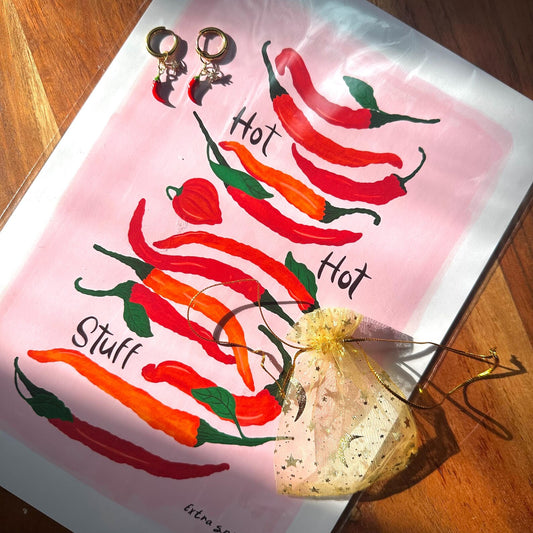 Chilli Gift Set - 🔥 HOTTT Chilli 🌶️ & Sparkle Earrings & HOT HOT STUFF A4 Art print