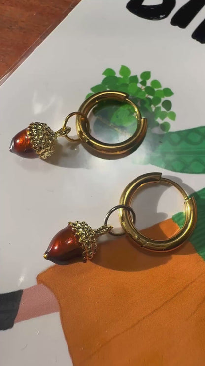Autumn Acorn 🍂 Detachable Enamel Charm Hoop Earrings