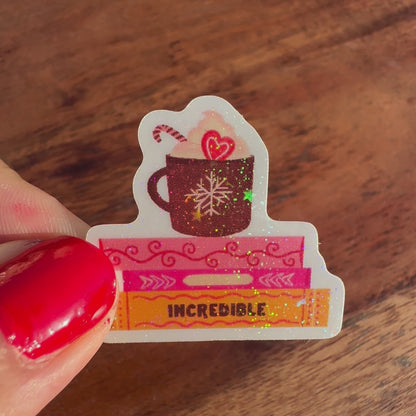 Book and Hot Chocolate Vinyl Rainbow Glitter Sticker
