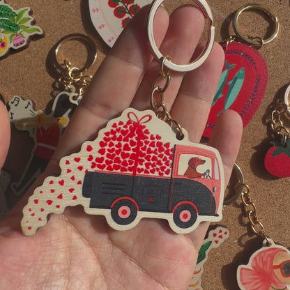 Love Truck Sausage Dog Wooden Keyring