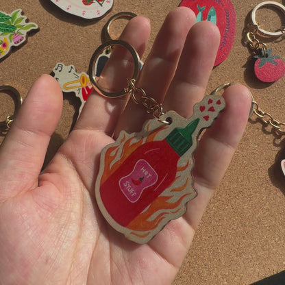 Hot Stuff Chilli Sauce Wooden Keyring